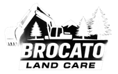 Brocato Land Care logo with excavator, trees, and bold black-and-white landscaping text