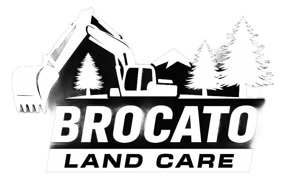 Brocato Land Care logo with excavator, trees, and bold black-and-white landscaping text