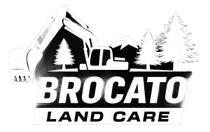 Brocato Land Care logo with excavator, trees, and bold black-and-white landscaping text