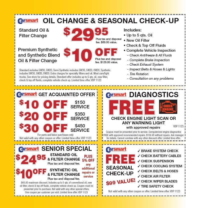 Auto service coupons ad with oil change, diagnostics, senior special, and seasonal check-up offers in red and white