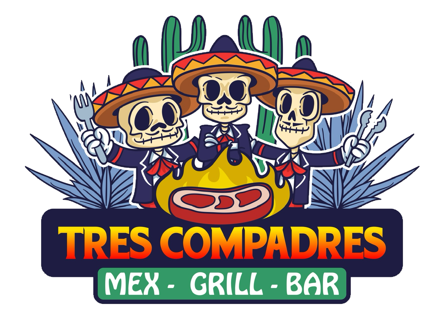 Logo: Three skeleton figures in sombreros around a grill, 