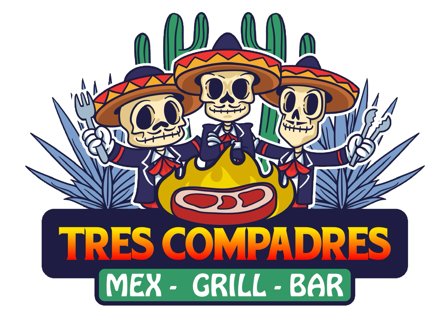 Logo for Tres Compadres restaurant: Three skeleton mariachi figures, grilling food, with cacti and agave.