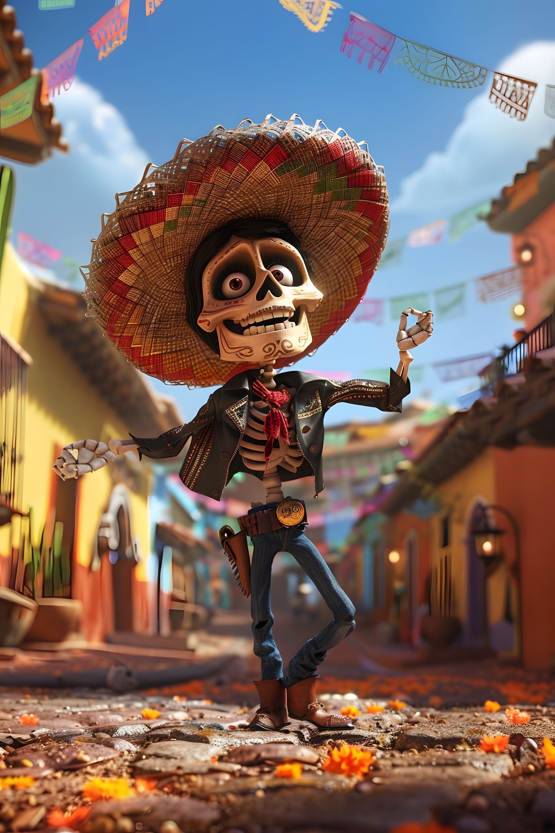 Skeletal figure in sombrero dances in festive town square, colorful buildings, flags, and flowers.