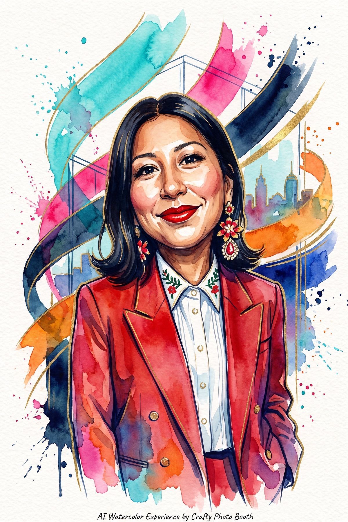 Personalized AI watercolor portraits created at a San Antonio event by Crafty Photo Booth