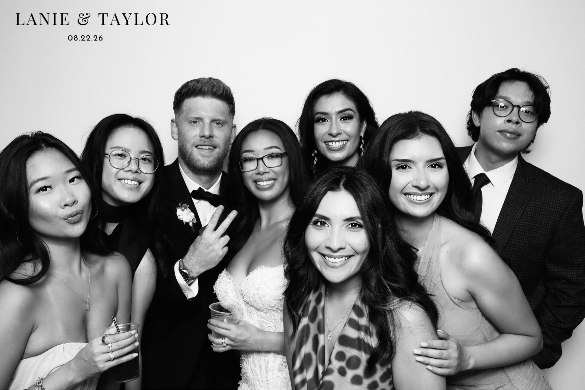 Large wedding group using black and white Glam Photo Booth at Kendall Point in Boerne
