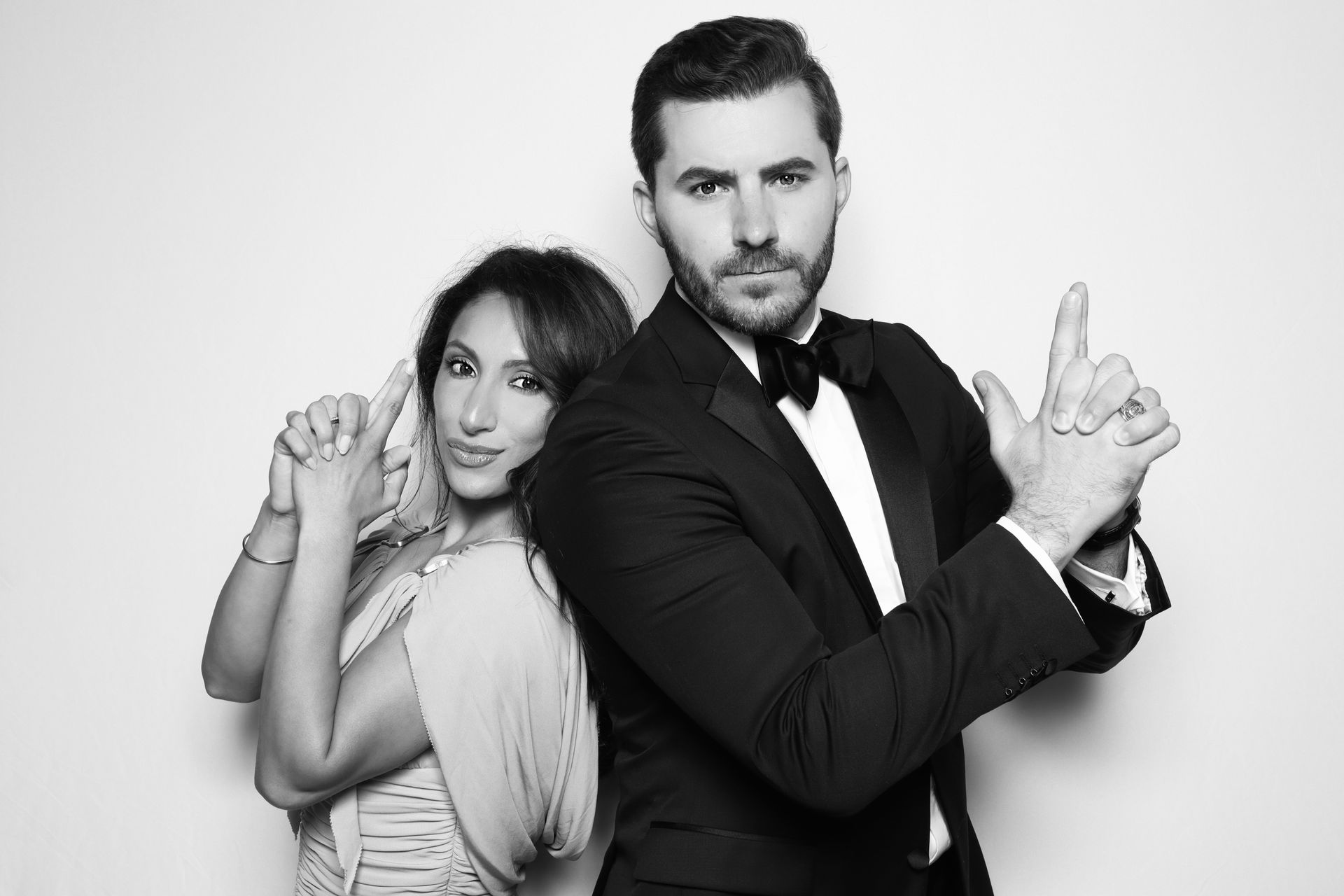 Glam black and white wedding photo booth portrait