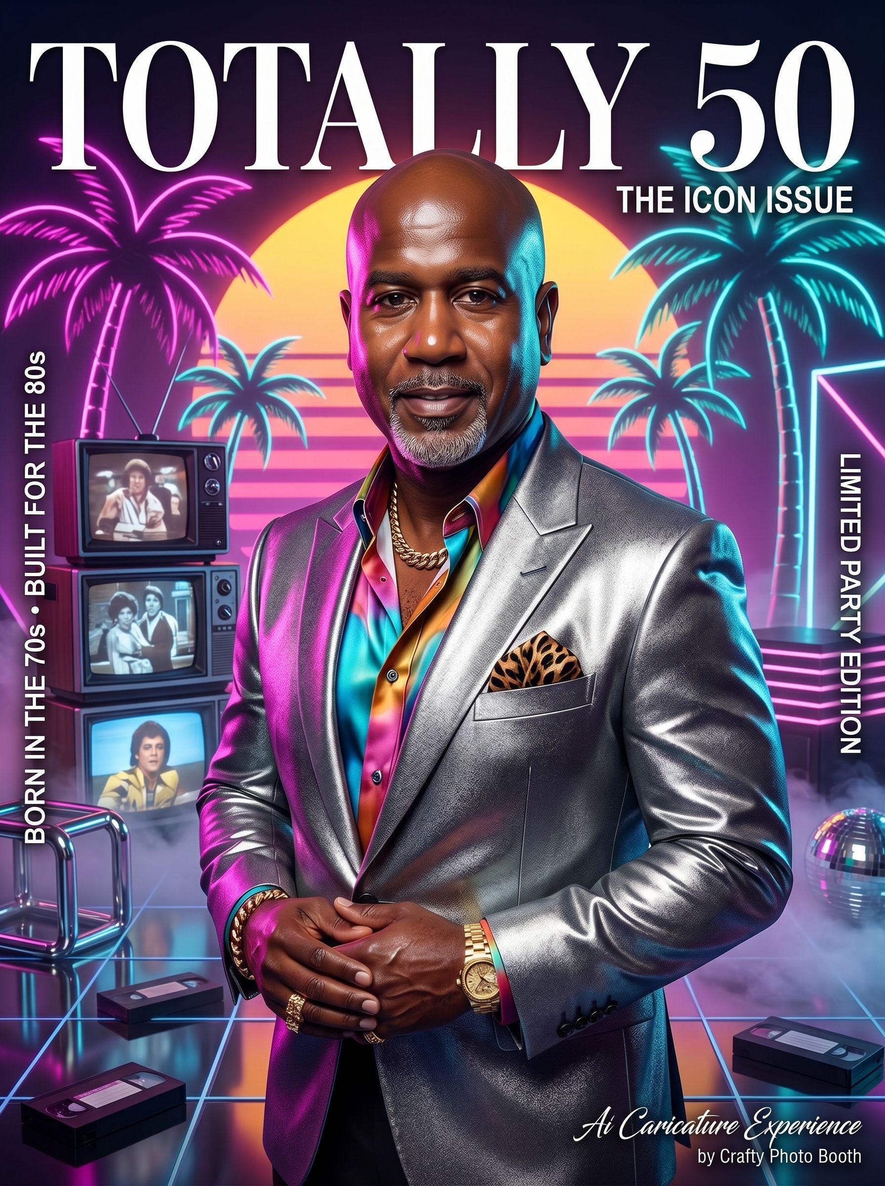 Custom 1980s AI caricature experience for a 50th birthday celebration