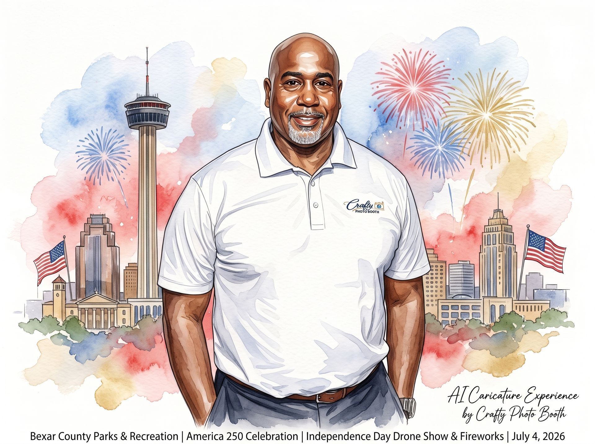San Antonio AI caricature featuring Tower of the Americas and patriotic event artwork