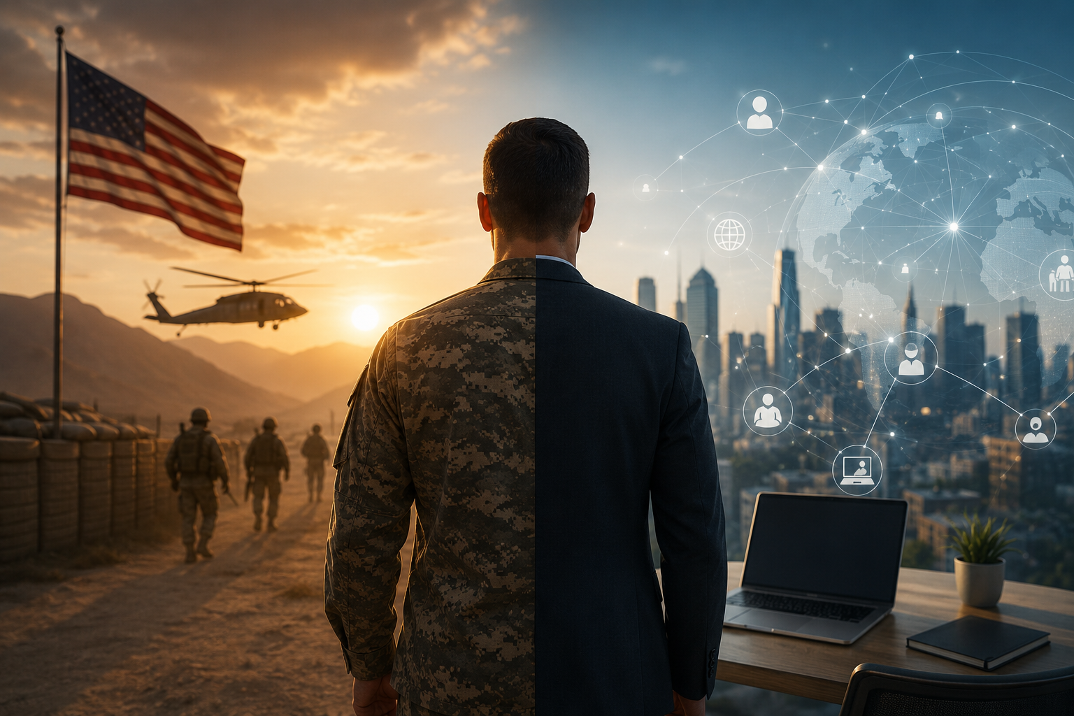 Soldier overlooking a city skyline at sunset, with U.S. flag, helicopter, and digital globe overlay