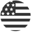 American flag design within a circle; white stars and stripes on a dark background.