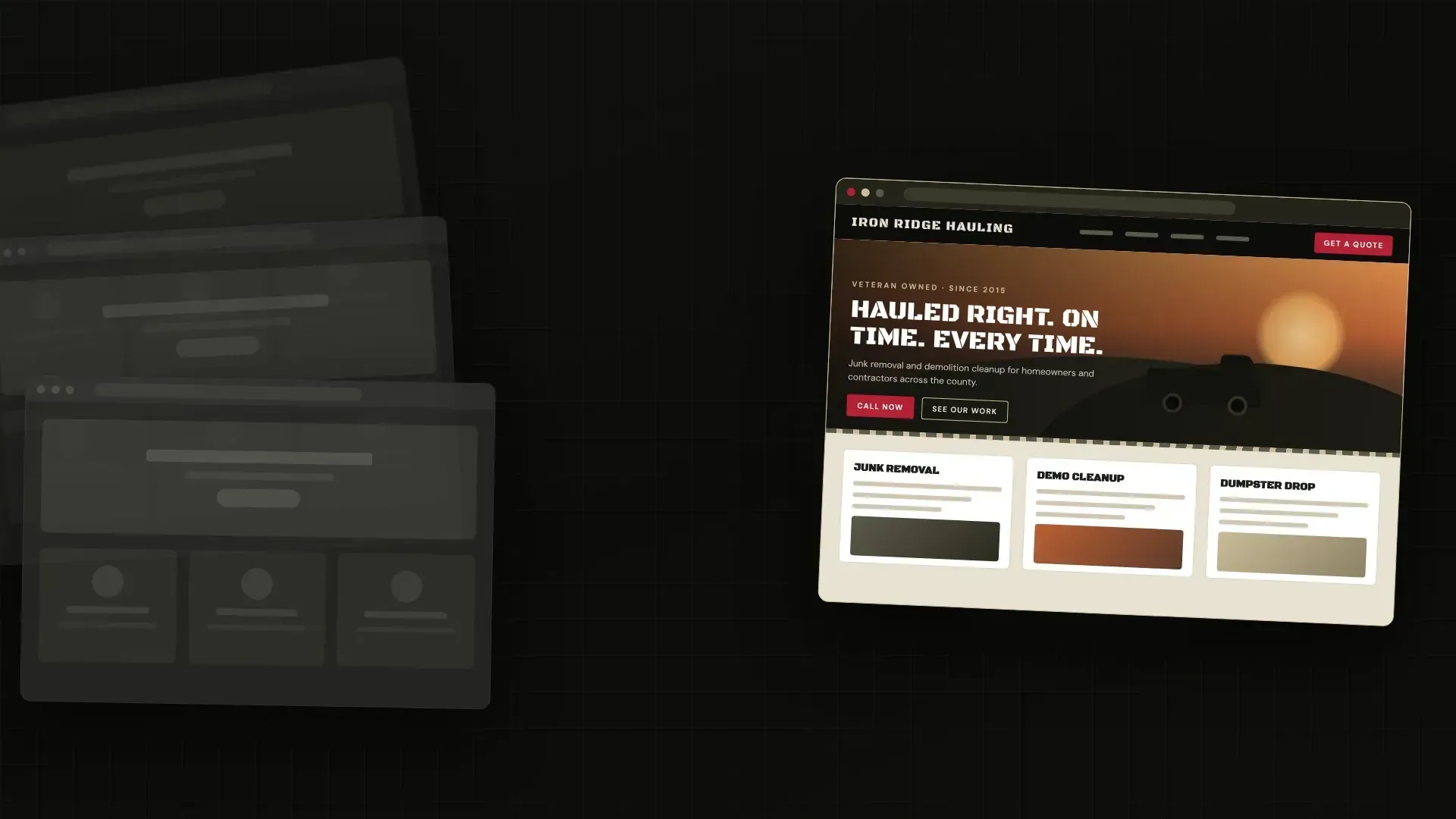 Three faded look-alike template websites beside a custom-built, veteran-owned hauling company website