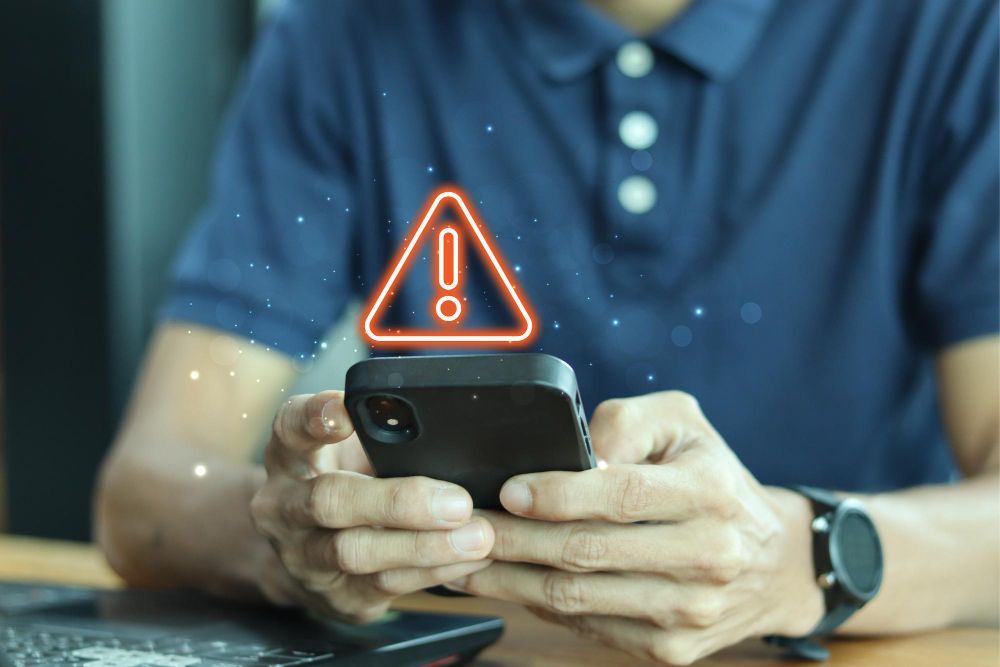 pessoa segurando celular com um aviso em cima