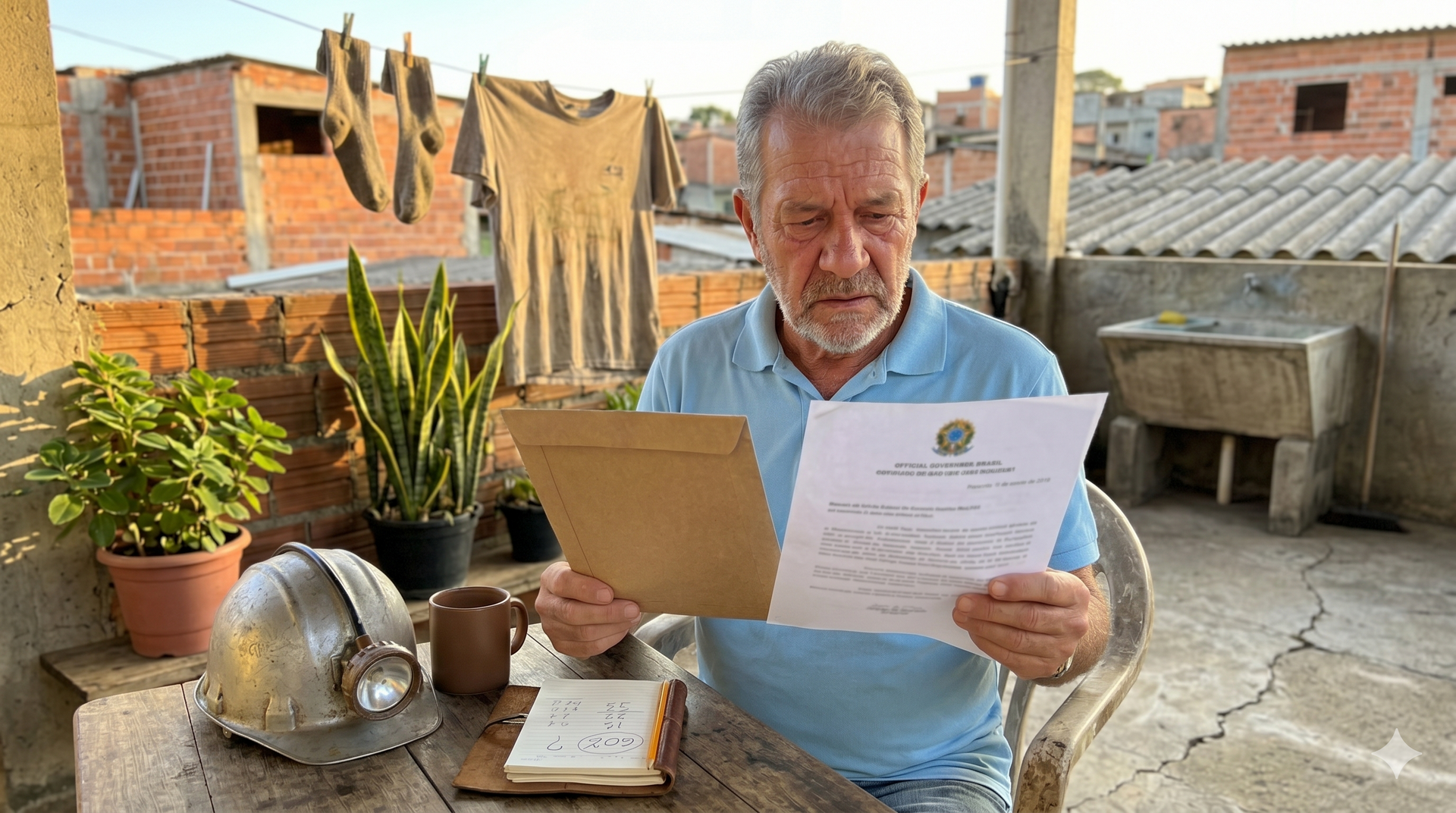 Aposentado aliviado em casa com envelope do INSS, simbolizando a concessão da aposentadoria especial.