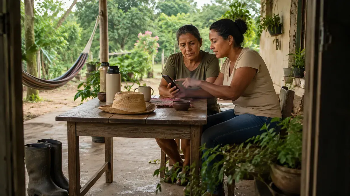 Mulher rural consulta aposentadoria pelo celular com apoio da filha Mulher rural consulta aposentadoria pelo celular com apoio da filha