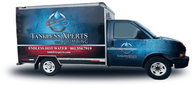 Blue Tankless Experts service van with logo and contact text on the side, shown in profile. Blue Tankless Experts service van with logo and contact text on the side, shown in profile.