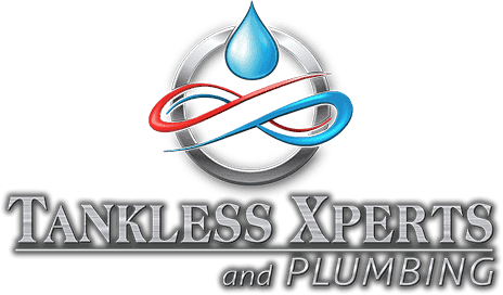 Tankless Xperts and Plumbing logo with a blue water droplet and red-blue pipe swirl