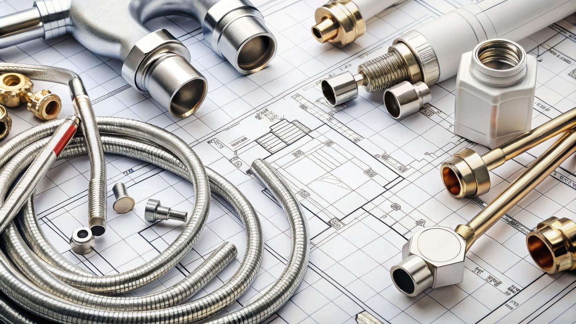 Plumbing tools and metal hoses placed on top of technical blueprints.