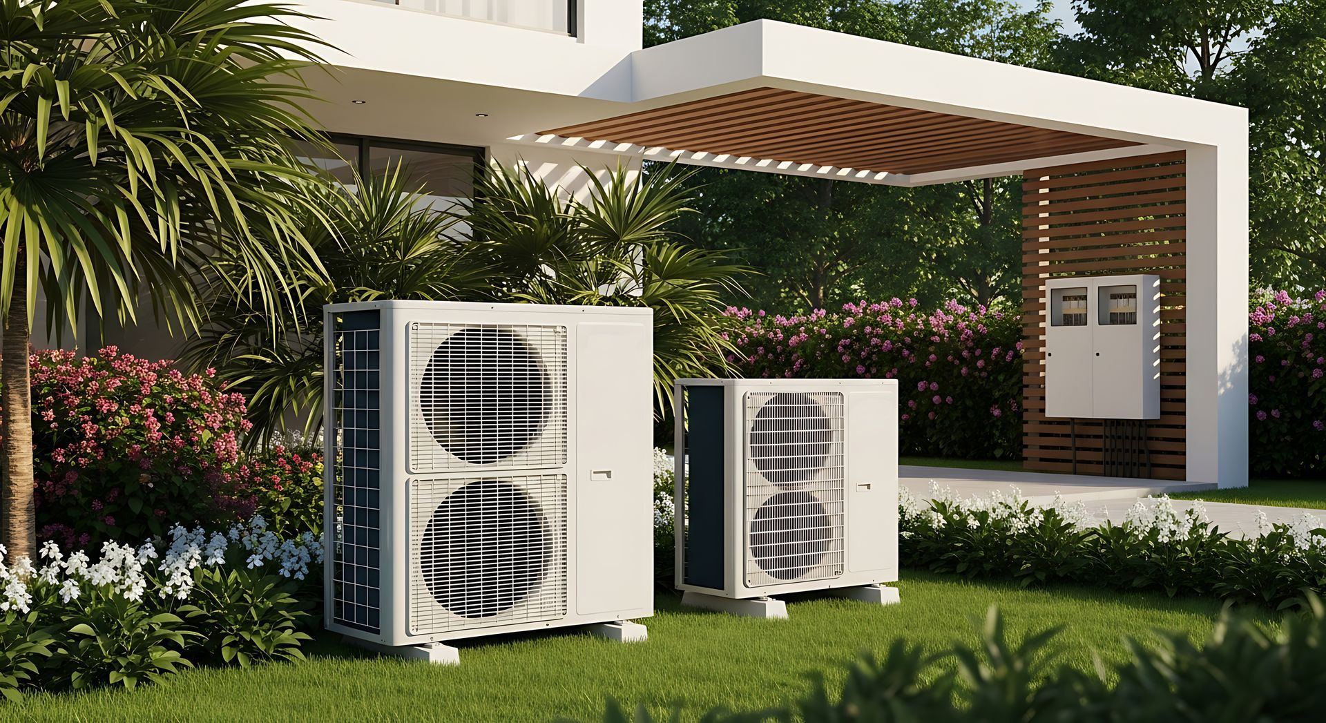 Energy-efficient HVAC condenser units installed outside a modern residential house in sunny Californ