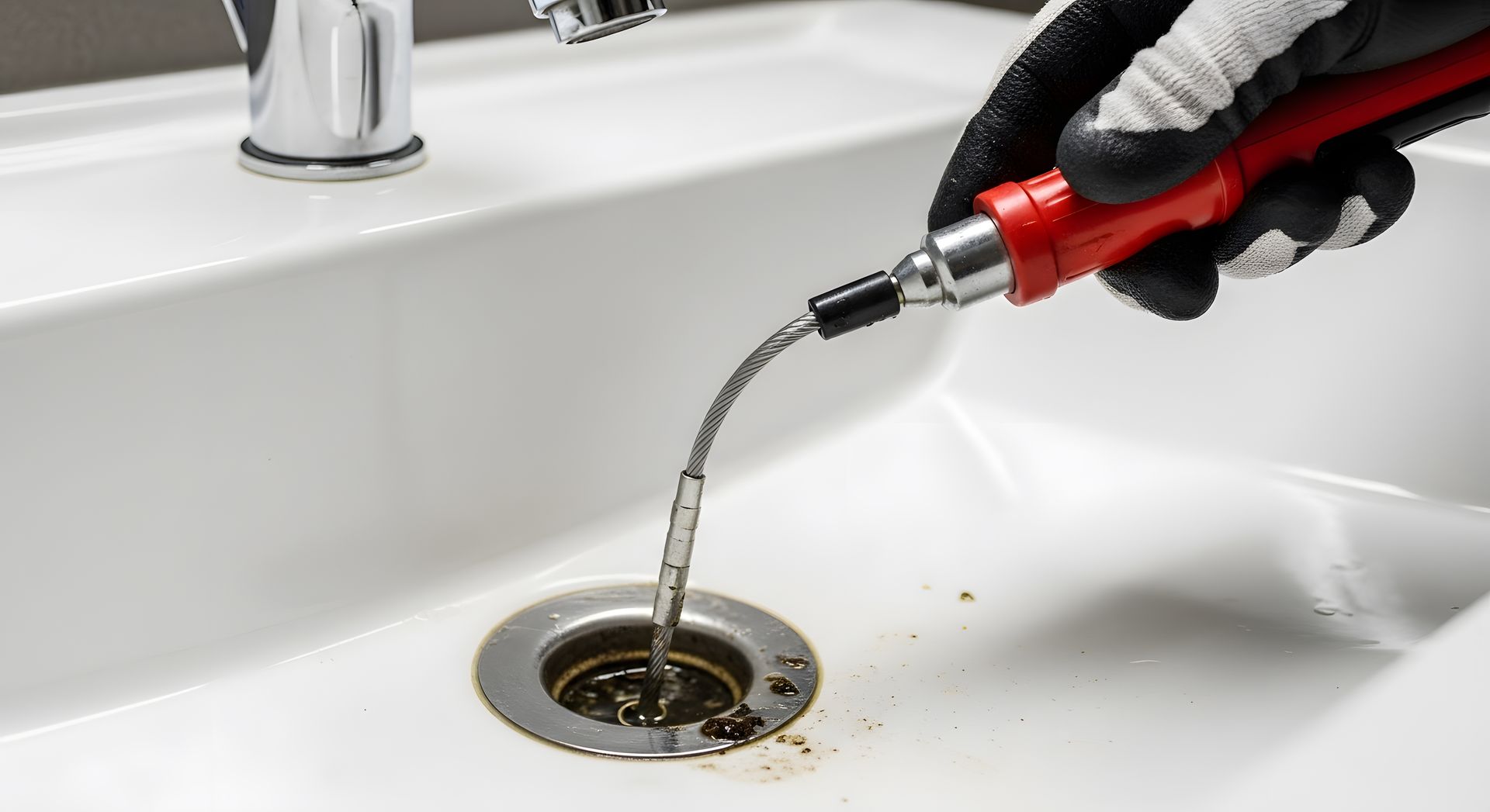Gloved hand pouring liquid drain cleaner into a white sink drain Gloved hand pouring liquid drain cleaner into a white sink drain