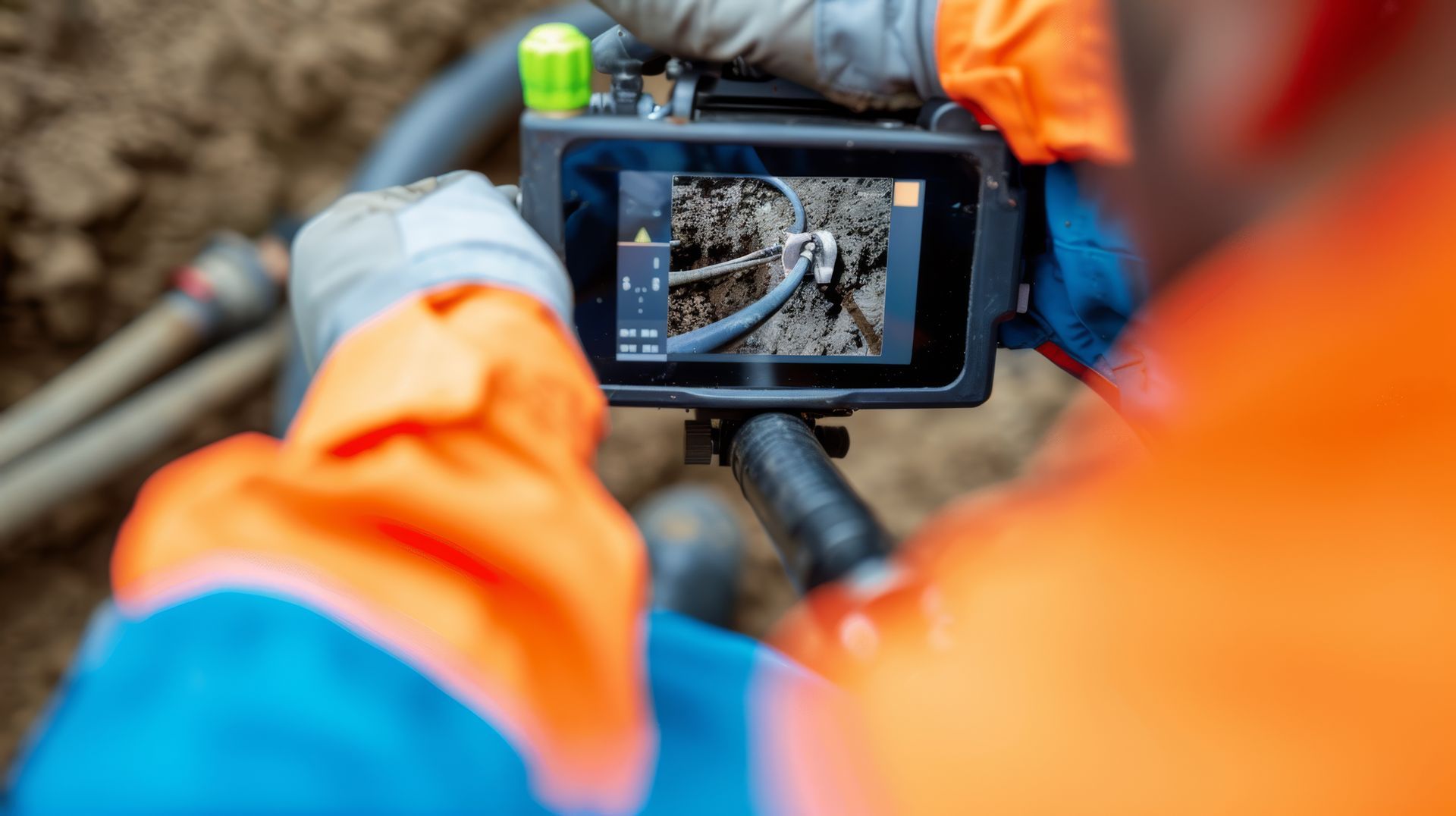 Worker in orange sleeves inspects buried pipes through a handheld tablet on a construction site