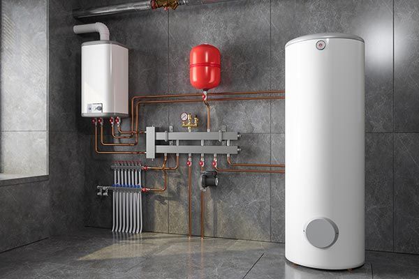 A room with a boiler and a water heater in it. A room with a boiler and a water heater in it.