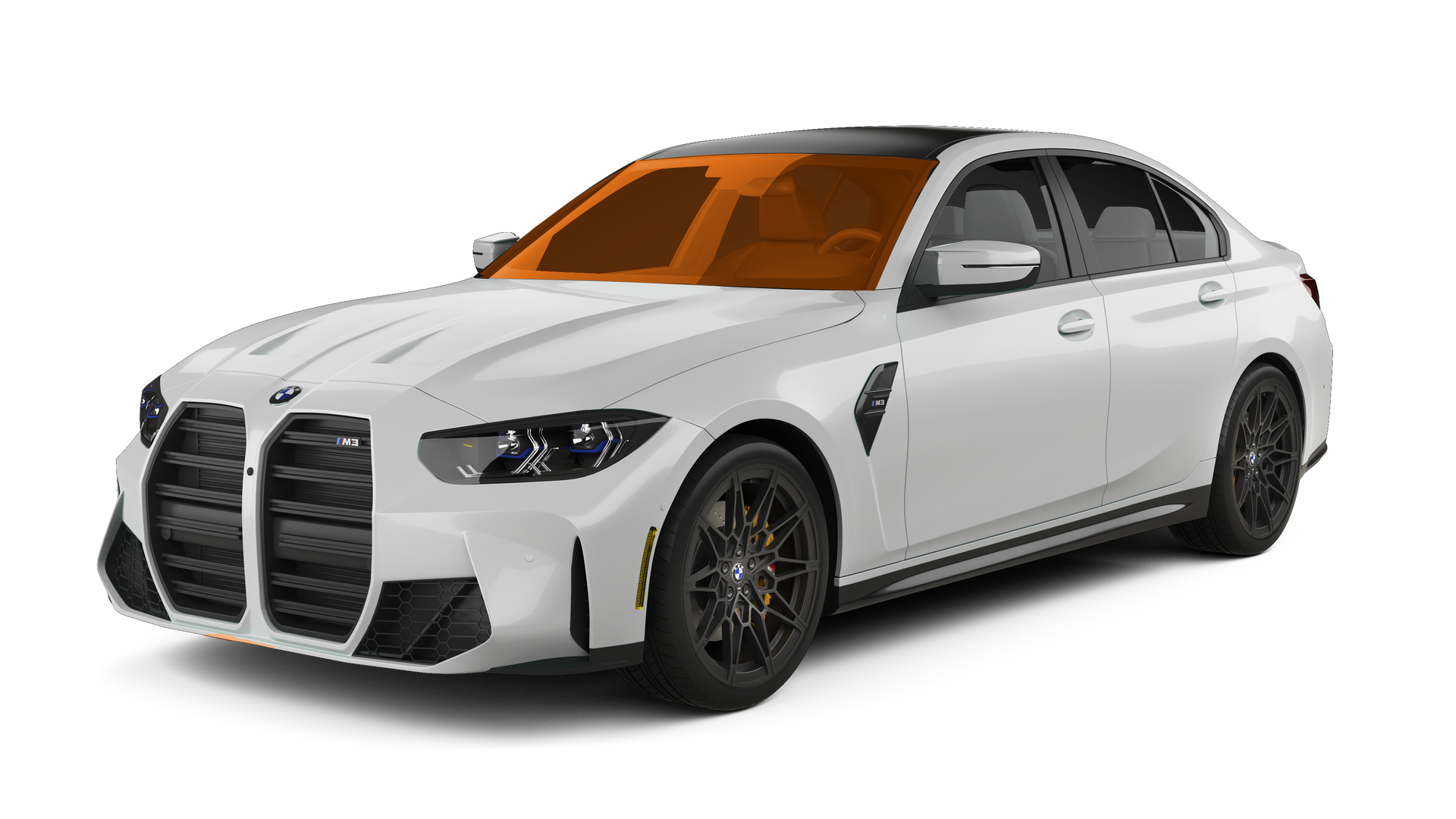 White sports sedan with black grille and orange-tinted windows on a white background