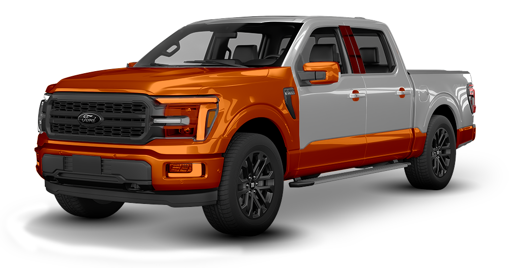 Orange and silver pickup truck in a studio on a white background