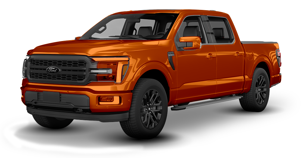 Orange pickup truck on a white background, front three-quarter view