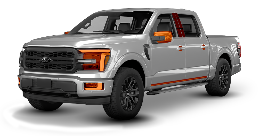 Silver Ford pickup truck with black grille and orange accents, shown in side view on a white background