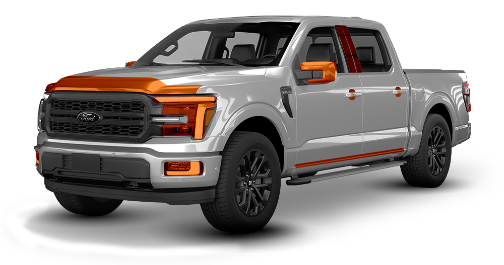 Silver Ford pickup truck with black grille and orange accents, shown in side front view on white background