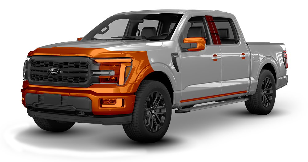 Orange and silver pickup truck in a studio on a white background