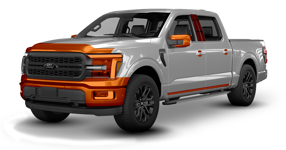 Orange and silver pickup truck in a studio on a white background