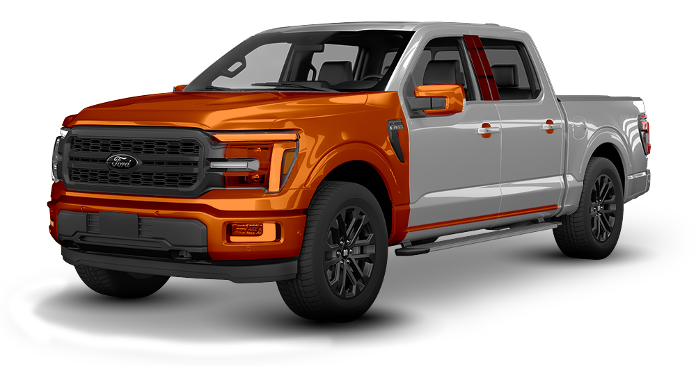 Orange and silver pickup truck in a studio on a white background