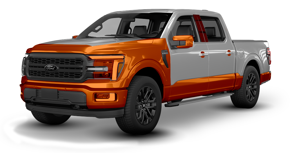 Orange and silver pickup truck in a studio on a white background