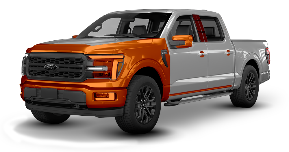 Orange and silver pickup truck in a studio on a white background