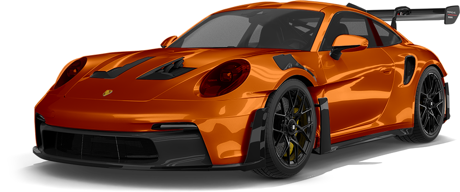 Orange sports car with black accents and rear spoiler, shown in a studio setting