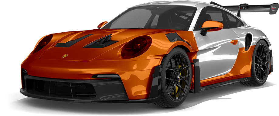 Orange and silver sports car with black accents, low-angle front view, on a white background
