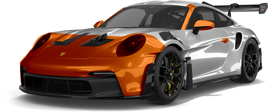 Orange and silver sports car with black rims and a rear spoiler, on a white background
