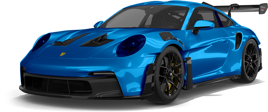 Blue sports car on a white background, angled front view with black wheels and a low aerodynamic body