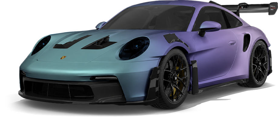 Two-tone purple and teal sports car, front three-quarter view on a white background