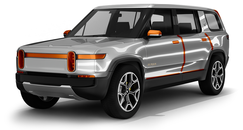 Silver concept SUV with black roof, orange accents, and orange LED light bars on a white background