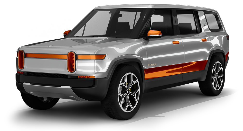 Silver concept SUV with black roof, orange accents, and orange LED light bars on a white background