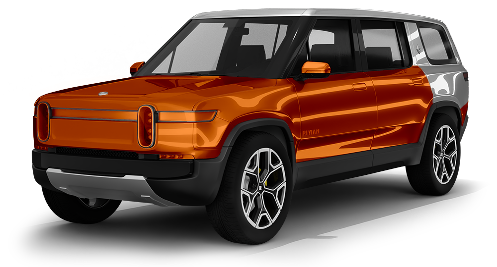 Silver concept SUV with black roof, orange accents, and orange LED light bars on a white background