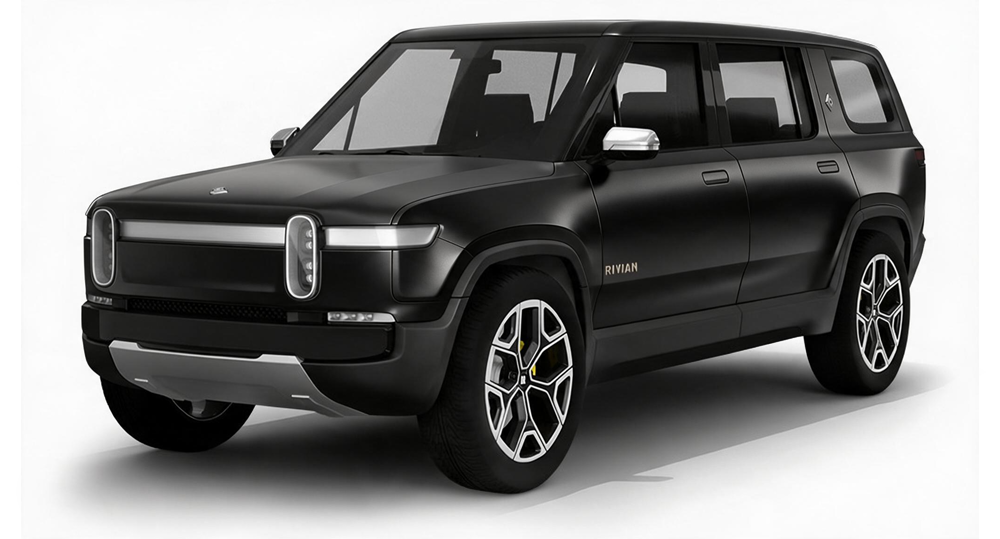 Black electric SUV with silver accents, shown in a front three-quarter view on a white background