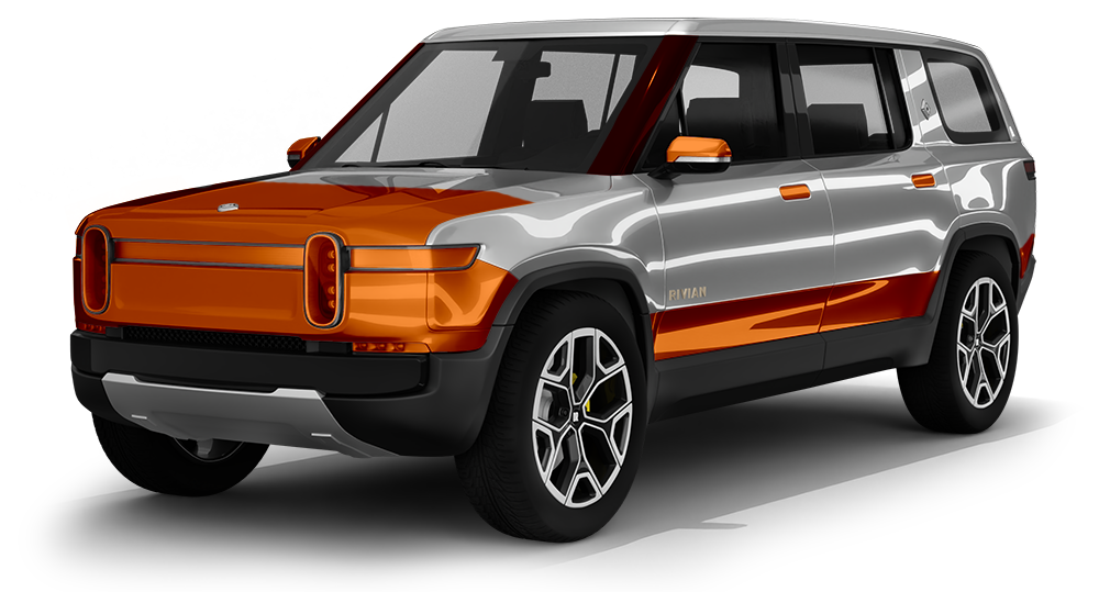 Silver concept SUV with black roof, orange accents, and orange LED light bars on a white background