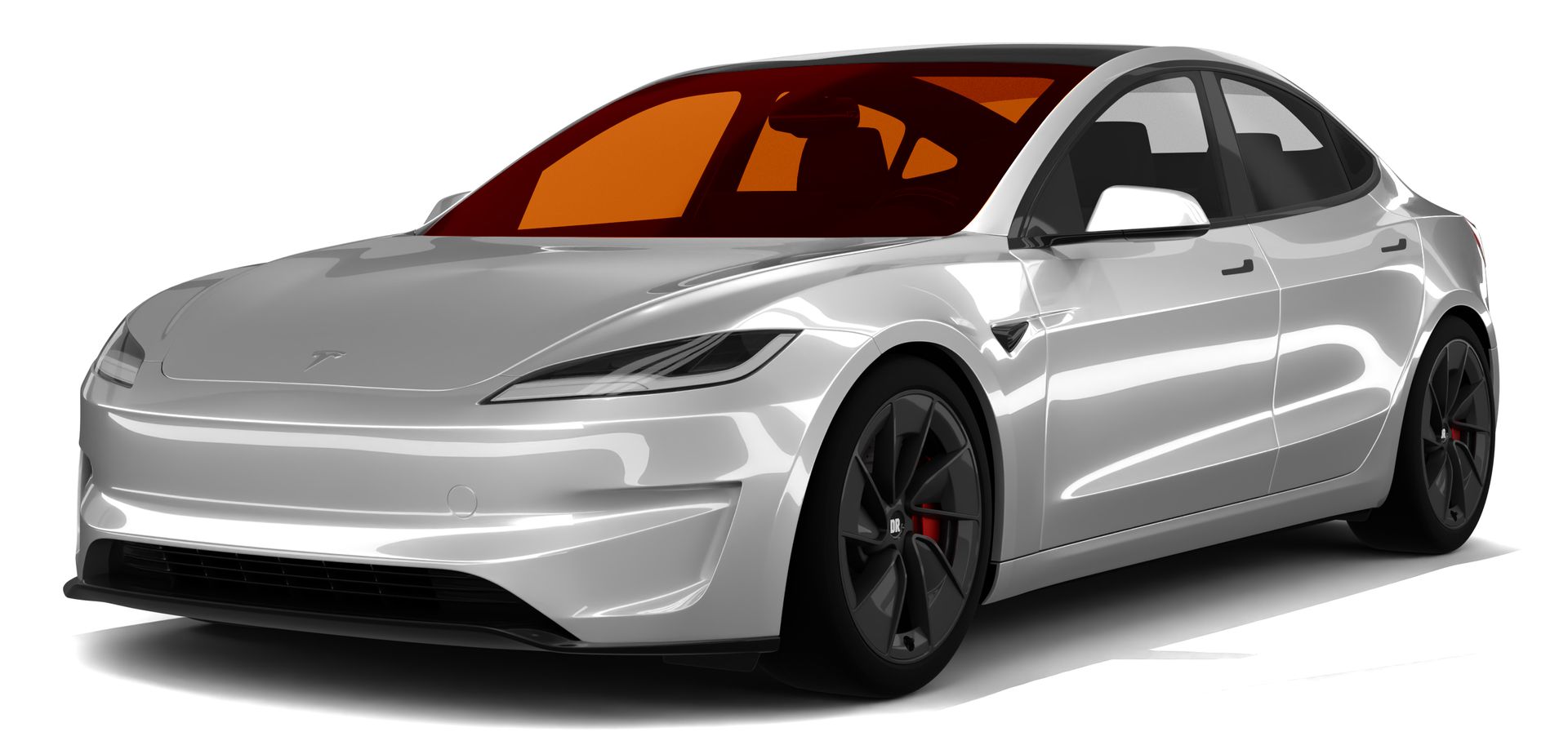 Silver electric sedan with black wheels on a white background