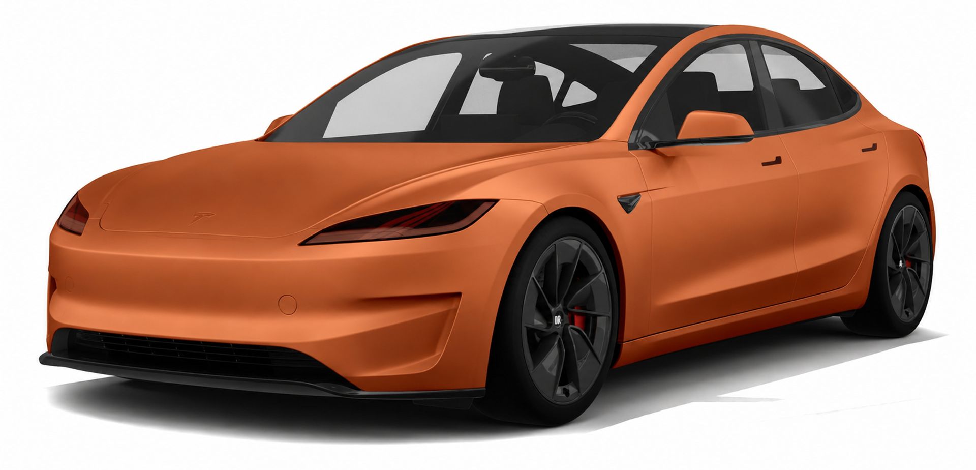 Orange sports sedan on a white background, shown in front-left view.