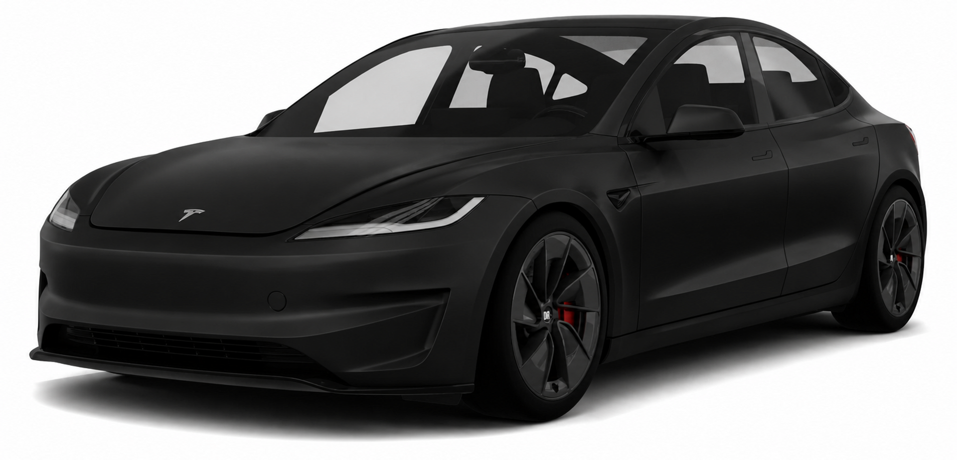 Black electric sedan car with sleek aerodynamic design, shown in a studio setting