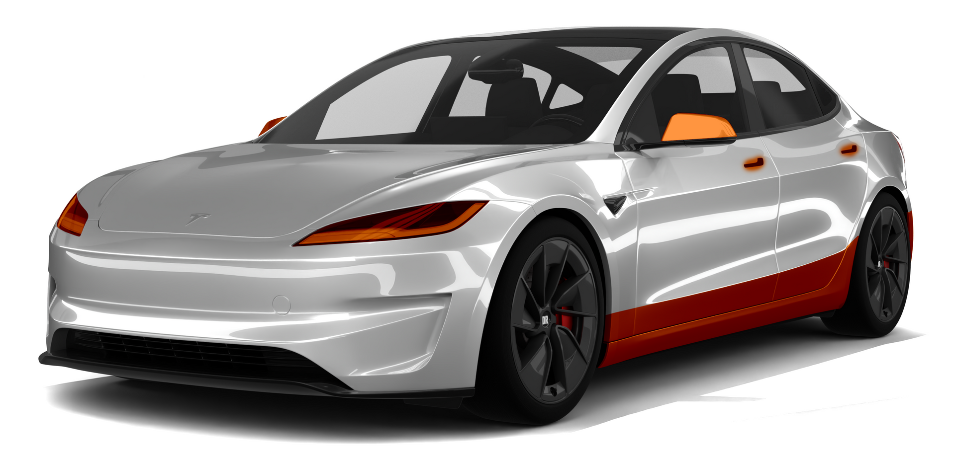Sleek silver sports sedan with red accents, black wheels, and tinted windows on a white background