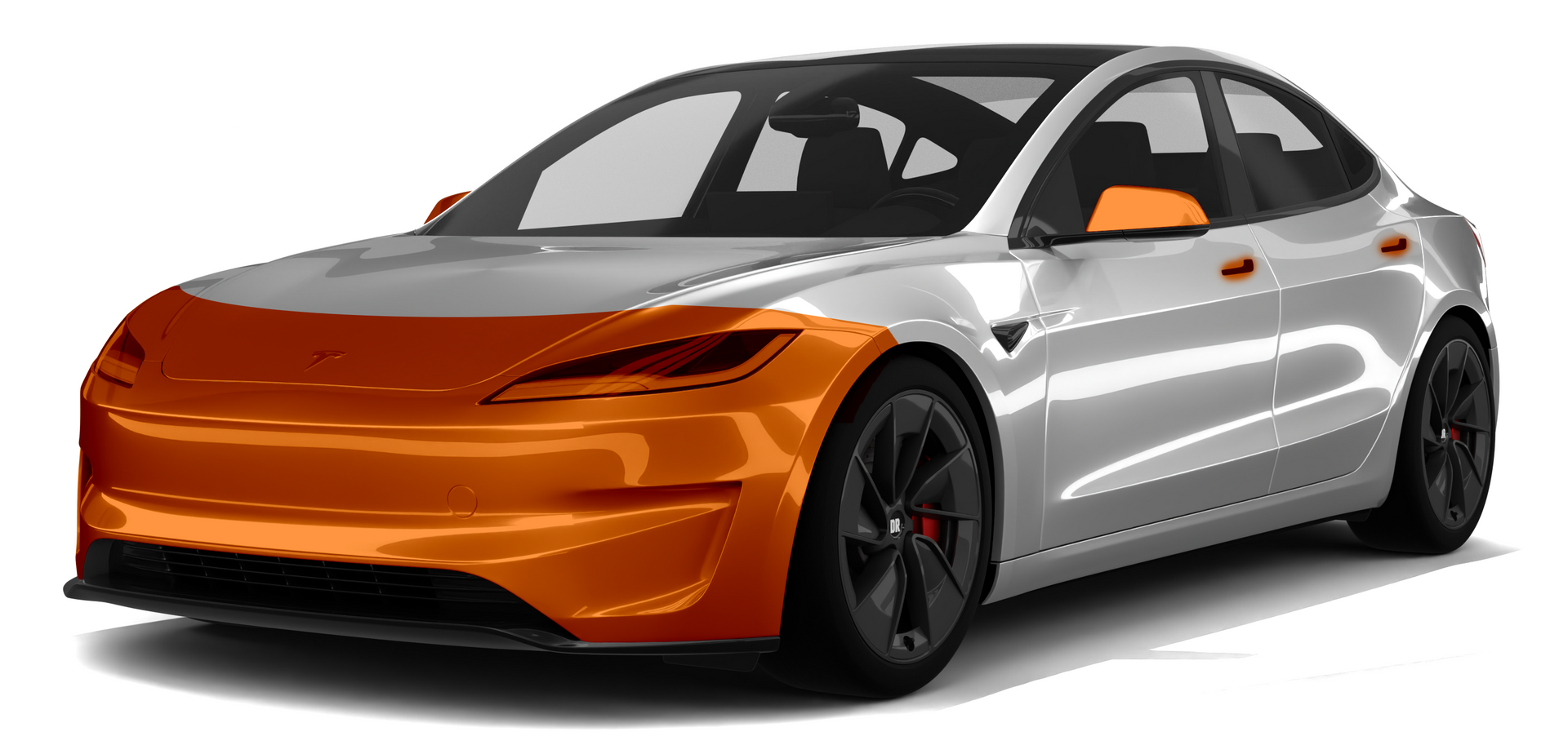 Orange and silver futuristic sedan with black wheels, shown in a studio-style side view